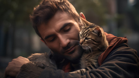 Portrait of a man with a cat in his arms. Close-up.の素材