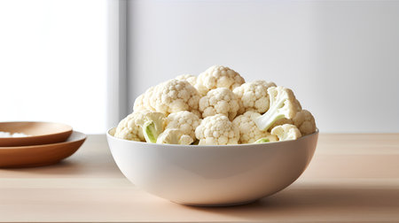 Cauliflower in a bowl on a wooden table, front viewの素材