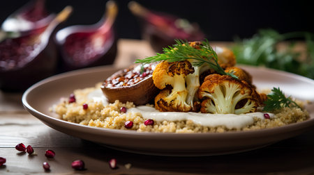 Roasted cauliflower with couscous and pomegranate seedsの素材