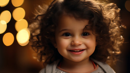 Portrait of a beautiful little girl with curly hair on a dark backgroundの素材