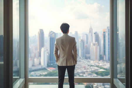 Businessman looking at the city from the window. Business concept.の素材