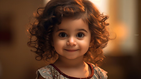 Portrait of a beautiful little girl with curly hair in a roomの素材