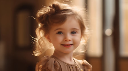 Portrait of a beautiful little girl in a brown dress on a light backgroundの素材