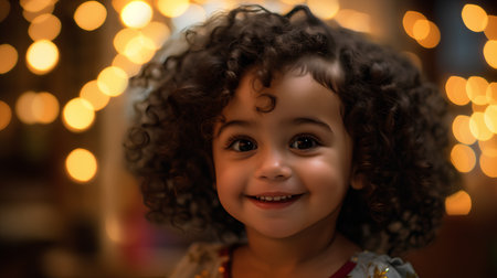 Portrait of a cute little girl with curly hair on the background of Christmas lights.の素材