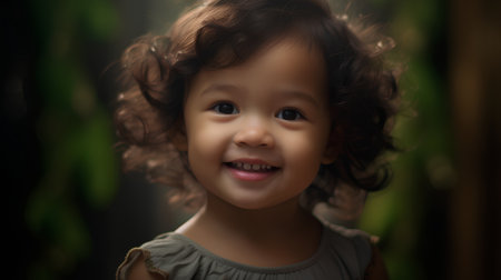 Portrait of a beautiful little girl with curly hair in the forestの素材