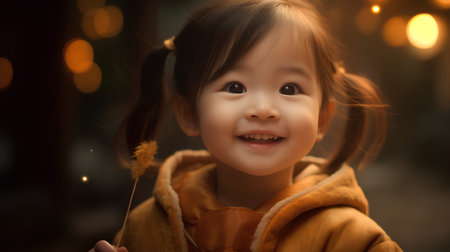 Portrait of a cute little asian girl in a yellow coatの素材