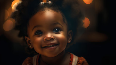 Portrait of a cute little african american girl smiling on a dark background.の素材