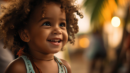 Little african american girl with curly hair smiling and looking at camera.の素材