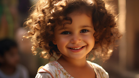 Portrait of a beautiful little girl with curly hair on the streetの素材