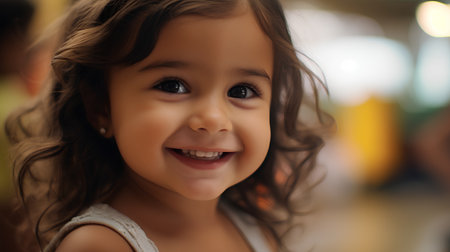 Portrait of a cute little girl smiling at the camera, close-upの素材