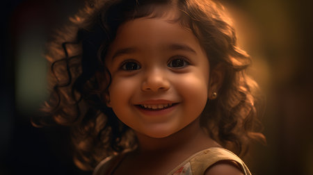 Portrait of a beautiful little girl with curly hair on dark backgroundの素材