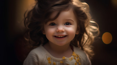 Portrait of a beautiful little girl with long curly hair on a dark backgroundの素材