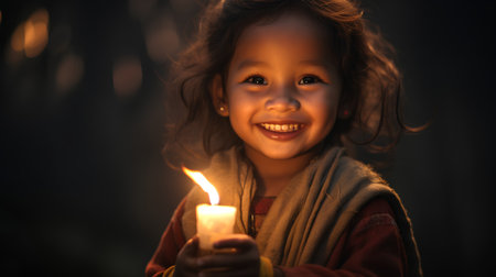 Cute little girl holding a candle and smiling in the dark.の素材