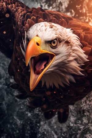 Bald Eagle portrait. Close-up portrait of beautiful majestic bird with open mouth.の素材