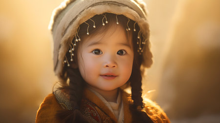 Portrait of a beautiful little girl in a hat with long braidsの素材
