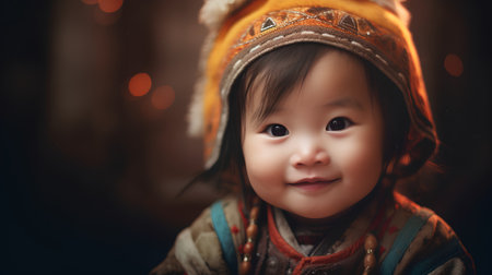 Portrait of a cute asian little girl wearing a warm hatの素材