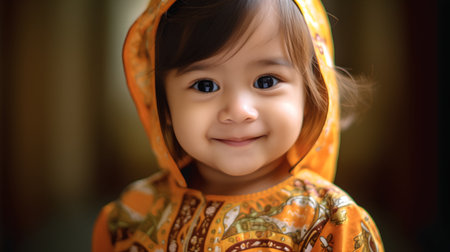Portrait of a cute little girl wearing a yellow headscarfの素材