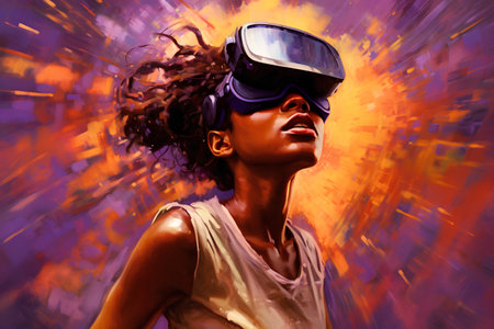Portrait of a young african american woman wearing virtual reality goggles.の素材