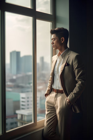 Handsome young businessman standing near the window and looking at the cityの素材