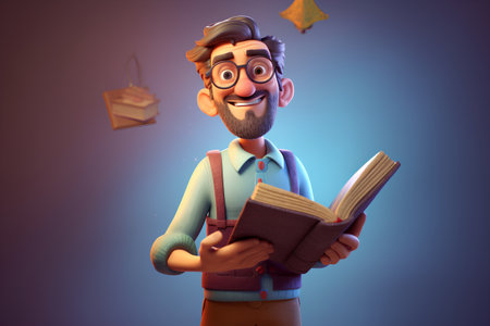 3D illustration of a cartoon nerd with a book in his handsの素材