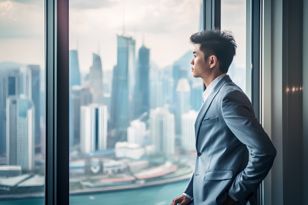 Side view of handsome Asian businessman standing near window with cityscape backgroundの素材