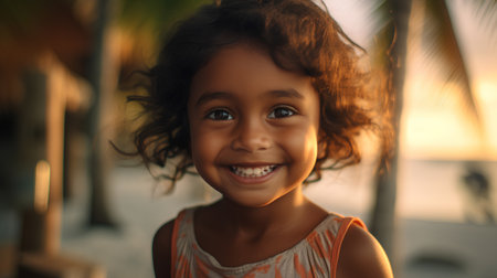 Little african american girl smiling and looking at camera on beachの素材