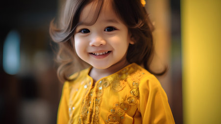 Portrait of cute little asian girl in yellow dress smiling.の素材