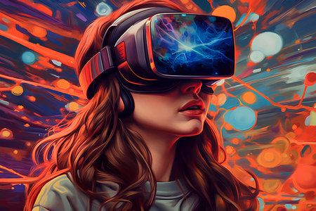 3D rendering of a woman wearing virtual reality goggles. Digital illustration.の素材