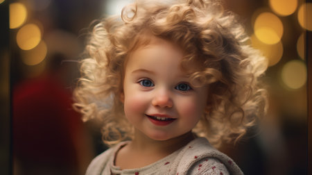 Portrait of a cute little girl with curly hair and blue eyesの素材