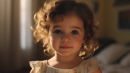 Portrait of a cute little girl with curly hair looking at cameraの素材
