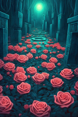 Mysterious dark corridor with red roses, 3d digitally rendered illustrationの素材