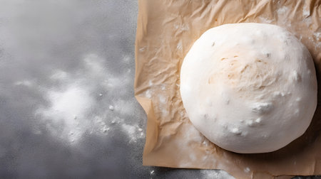 Raw dough on a baking paper. Top view with copy space.の素材
