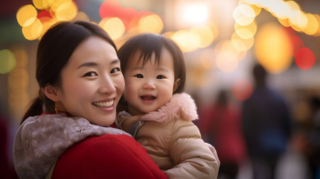 Asian mother and her daughter in the city with bokeh backgroundの素材