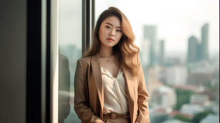 Beautiful asian business woman standing near the window at office.の素材