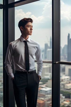 Handsome young businessman standing near window with city view and looking awayの素材