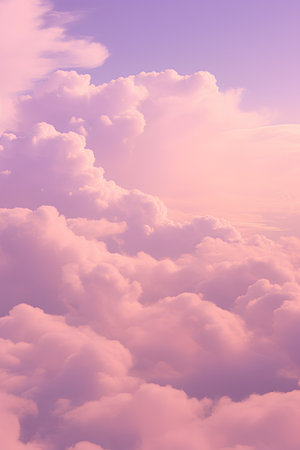 Aerial view of fluffy cloudscape at sunset. 3D Renderingの素材