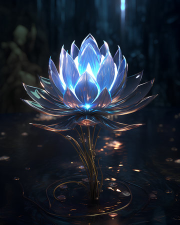 3D rendering of a blue lotus flower on a dark backgroundの素材