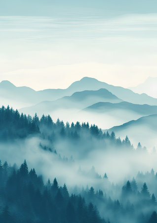Foggy morning in the mountains. Landscape. Vector illustration.の素材