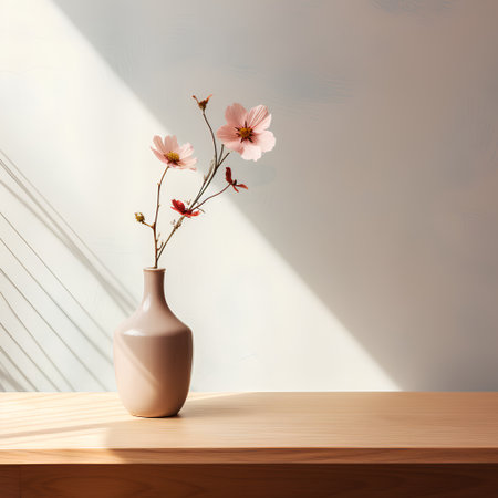 Vase with pink flowers on a wooden table in front of the wall. 3d renderingの素材