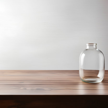 Empty glass jar on wooden table over white background. Mock up, 3D Renderingの素材