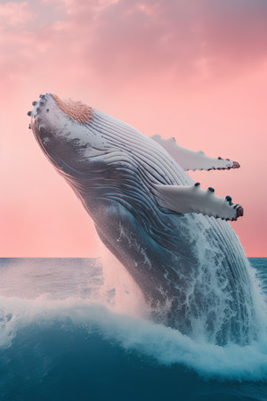 Humpback whale in the ocean at sunset. 3d renderの素材