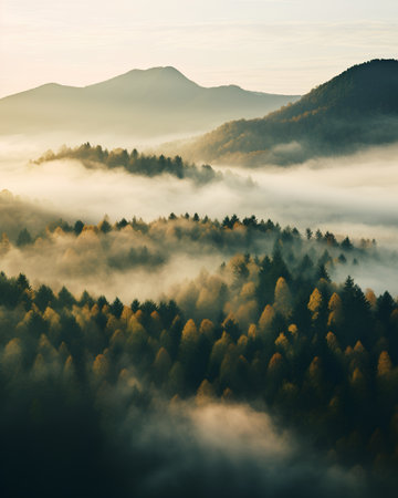 Foggy autumn morning in the mountains. Carpathians, Ukraine, Europeの素材