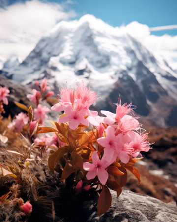 Beautiful blooming rhododendron flowers on the background of Mount Everest, Nepalの素材