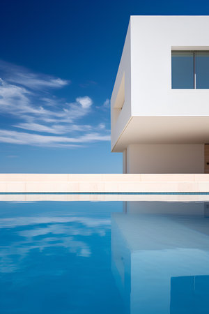 3d rendering of a modern house with swimming pool and blue skyの素材