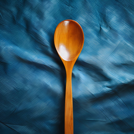 Wooden spoon on blue background. Top view. Copy space.の素材