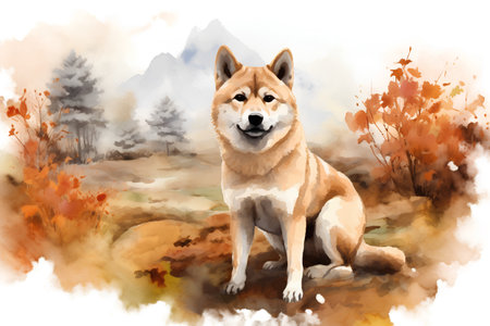 Watercolor portrait of Akita inu dog in autumn forest. Digital painting.の素材