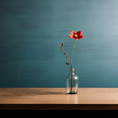 Red poppies in vase on wooden table over blue wall backgroundの素材