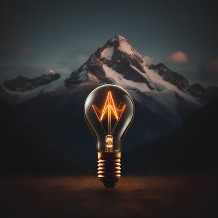 Glowing light bulb in the desert with mountains in the background. 3D rendering.の素材