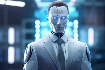 3d rendering male cyborg or robot with head in blue lightの素材