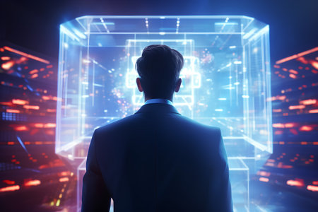 Back view of businessman in suit looking at abstract technological background. 3D Renderingの素材